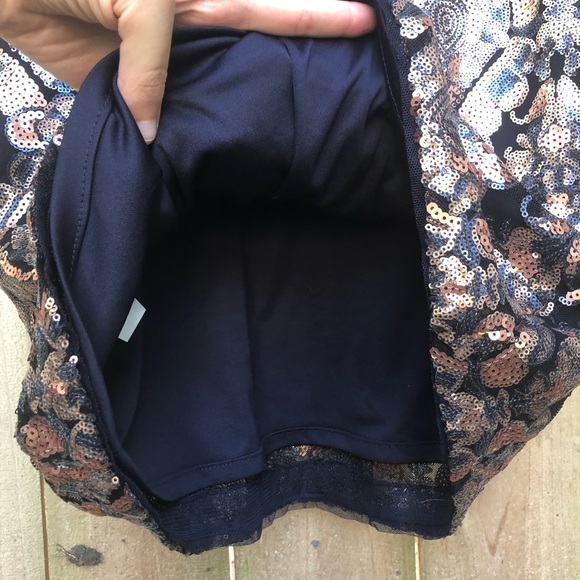 Betsy & Adam Blouson Mini Dress Size 8 Sequin Skirt Black Copper Sleeveless - Picture 10 of 12